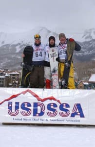 Three male snowboarders taking photos together